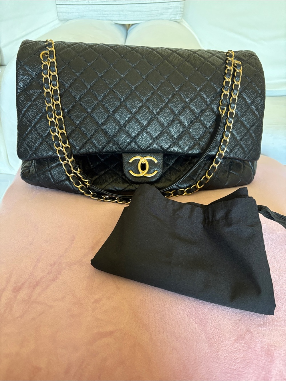 CHANEL XXL Travel  Flap Bag Black Quilted Leather with Gold Chain